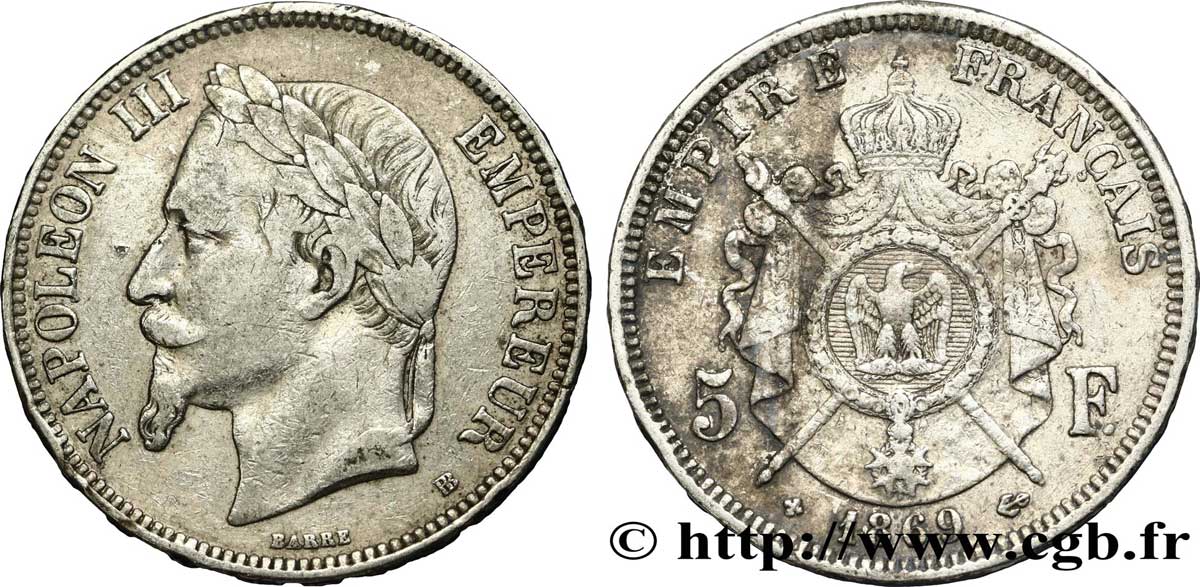5 francs Napoléon III, tête laurée 1869 Strasbourg F.331/15 MB25 