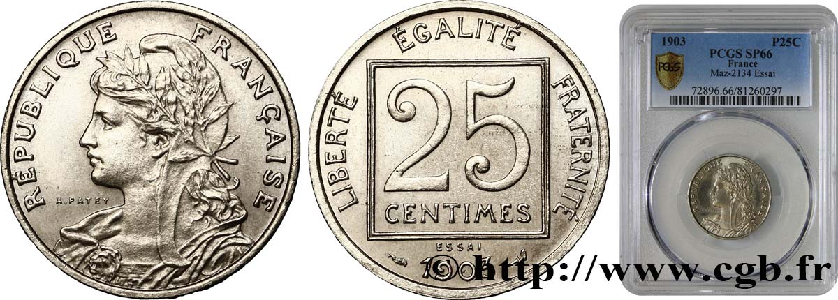 Essai de 25 centimes Patey, 1er type 1903 Paris F.168/1 MS66 PCGS