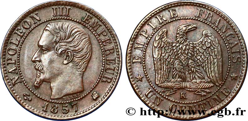 Un centime Napoléon III, tête nue 1857 Bordeaux F.102/36 SUP55 