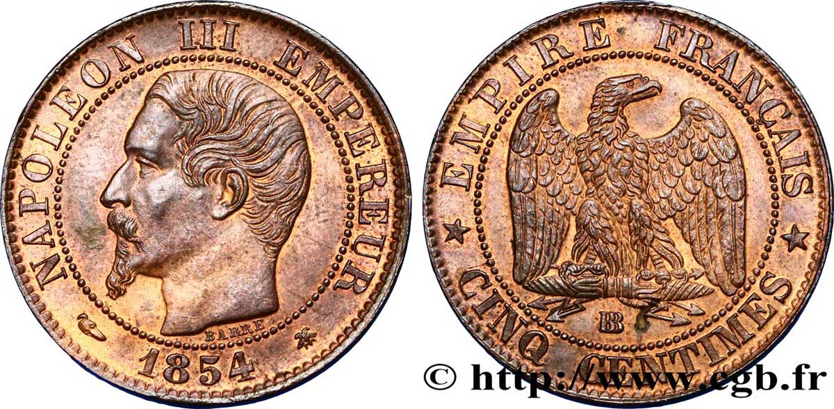 Cinq centimes Napoléon III, tête nue 1854 Strasbourg F.116/10 EBC60 