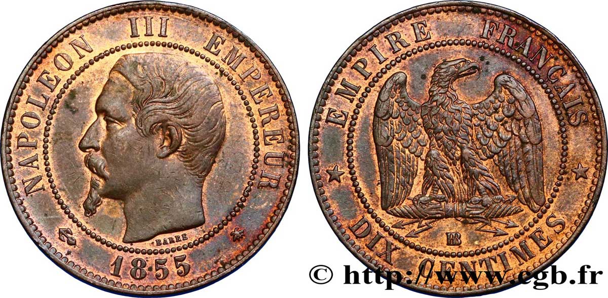Dix centimes Napoléon III, tête nue, différent ancre 1855 Strasbourg F.133/24 TTB48 