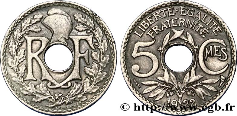 5 centimes Lindauer, petit module 1922 Poissy F.122/5 MBC50 
