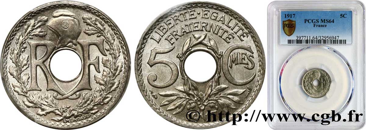 5 centimes Lindauer, grand module 1917 Paris F.121/1 SPL64 PCGS