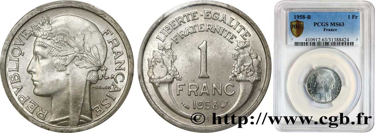 1 franc Morlon, légère 1958 Beaumont-Le-Roger F.221/22 SPL63 PCGS