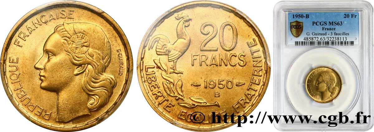20 francs G. Guiraud, 3 faucilles 1950 Beaumont-Le-Roger F.402/5 MS63 PCGS