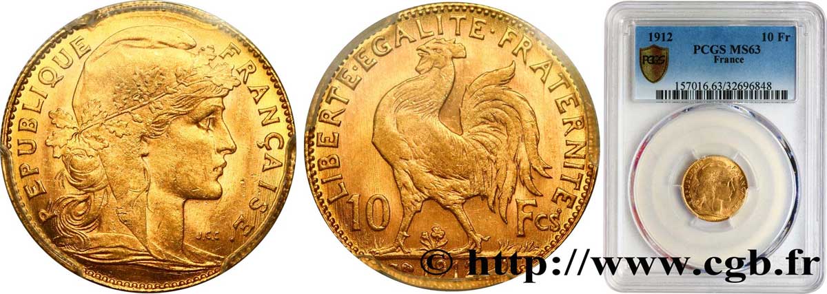 10 francs or Coq 1912 Paris F.509/13 fST63 PCGS