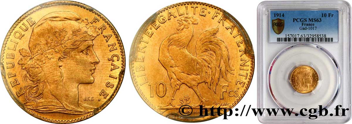 10 francs or Coq 1914 Paris F.509/14 fST63 PCGS
