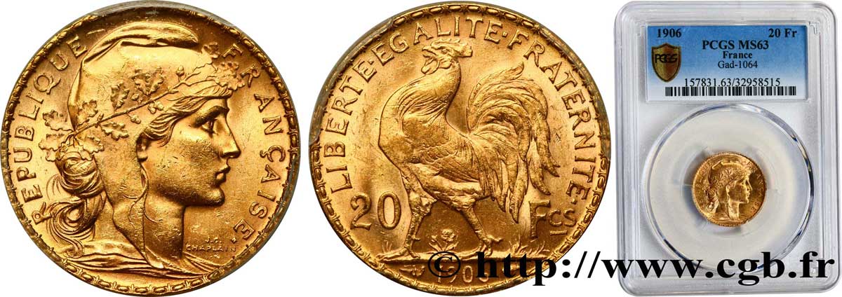 20 francs or Coq, Dieu protège la France 1906 Paris F.534/11 SC63 PCGS