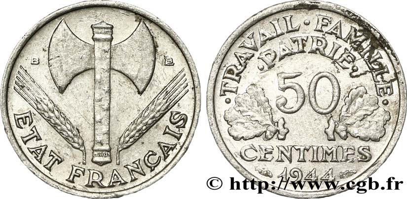 50 centimes Francisque, légère 1944 Beaumont-Le-Roger F.196/5 AU52 