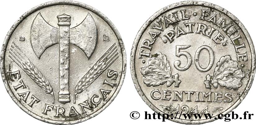 50 centimes Francisque, légère 1944 Beaumont-Le-Roger F.196/5 AU52 