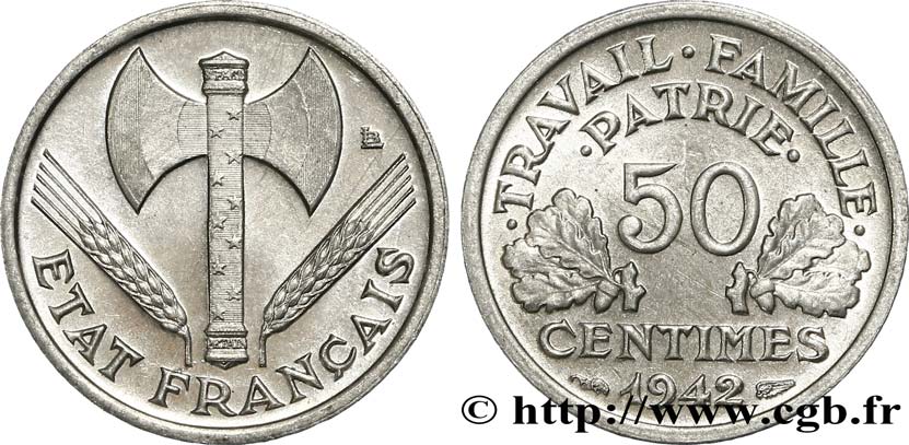 50 centimes Francisque, lourde 1942  F.195/3 SUP62 
