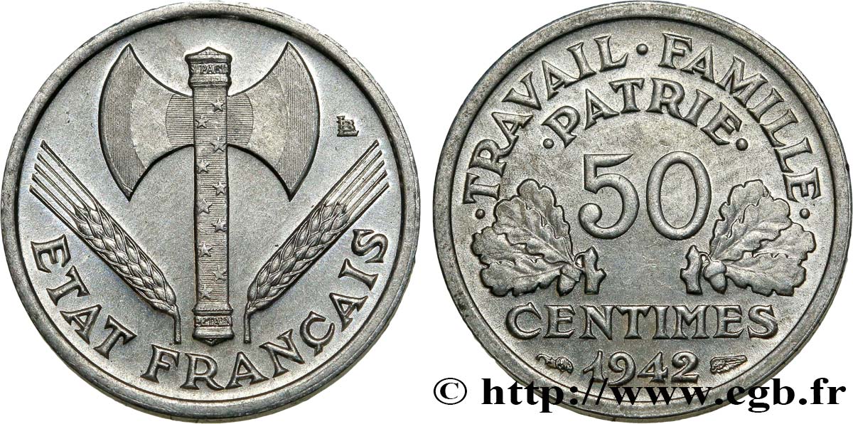50 centimes Francisque, lourde 1942  F.195/3 SUP62 