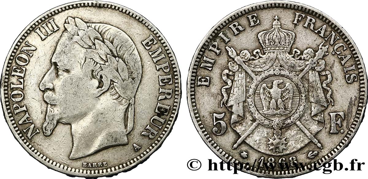 5 francs Napoléon III, tête laurée 1868 Paris F.331/12 TB30 