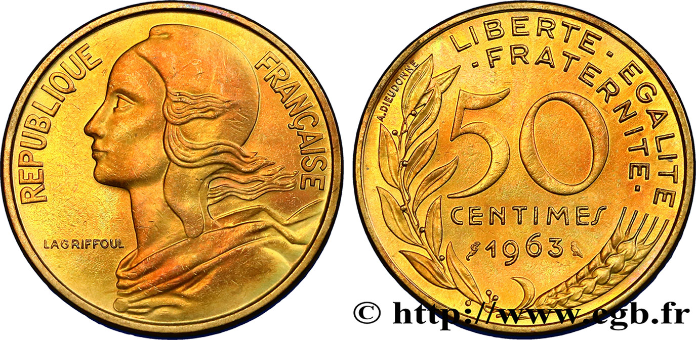 50 centimes Marianne, col à 4 plis 1963 Paris F.197/5 AU55 
