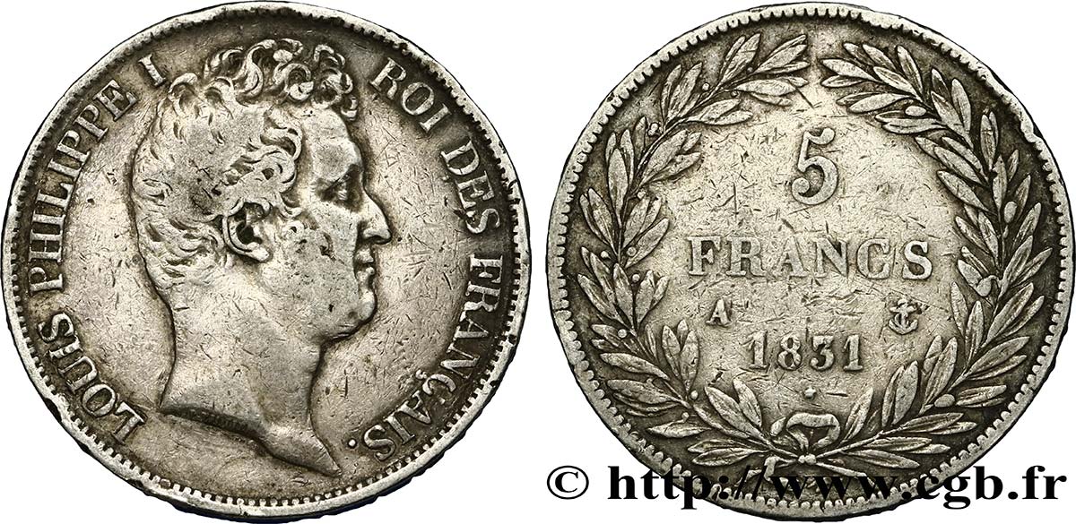 5 francs type Tiolier avec le I, tranche en relief 1831 Paris F.316/2 S25 