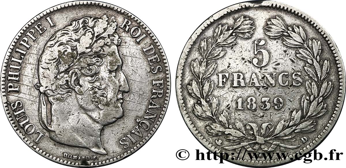 5 francs IIe type Domard 1839 Lyon F.324/78 VF25 