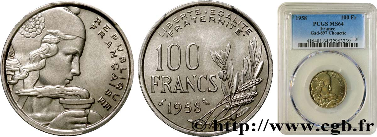 100 francs Cochet, chouette 1958  F.450/13 SPL64 PCGS
