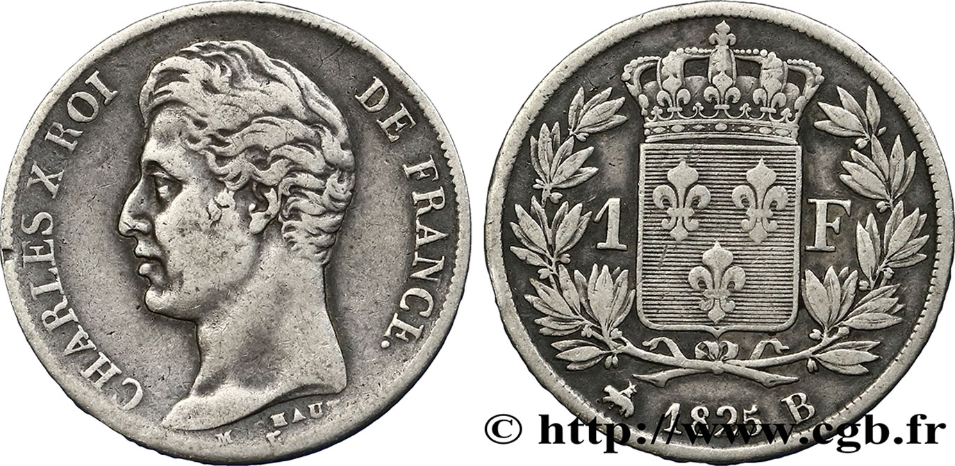 1 franc Charles X, matrice du revers à cinq feuilles 1825 Rouen F.207/2 TTB40 