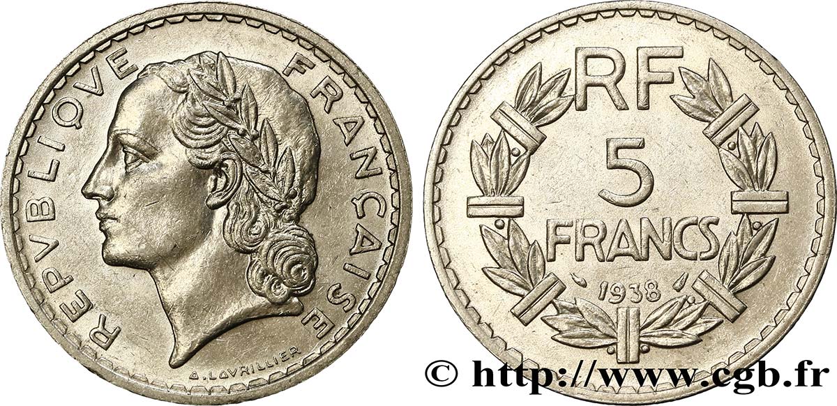 5 francs Lavrillier, nickel 1938  F.336/7 SUP55 
