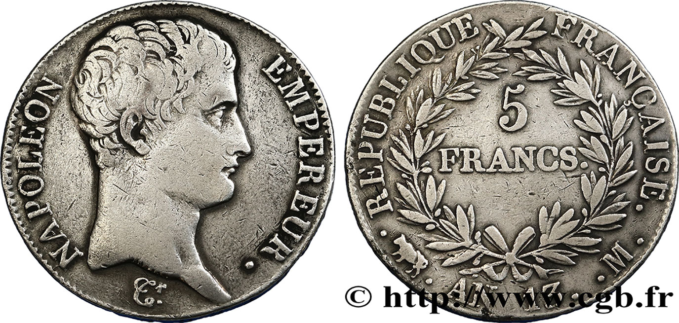 5 francs Napoléon Empereur, Calendrier révolutionnaire 1805 Toulouse F.303/13 TB30 