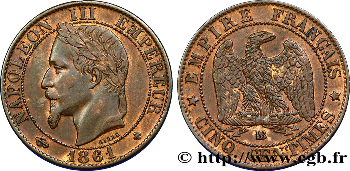 Cinq centimes Napoléon III, tête laurée 1861 Strasbourg F.117/5 TTB48 