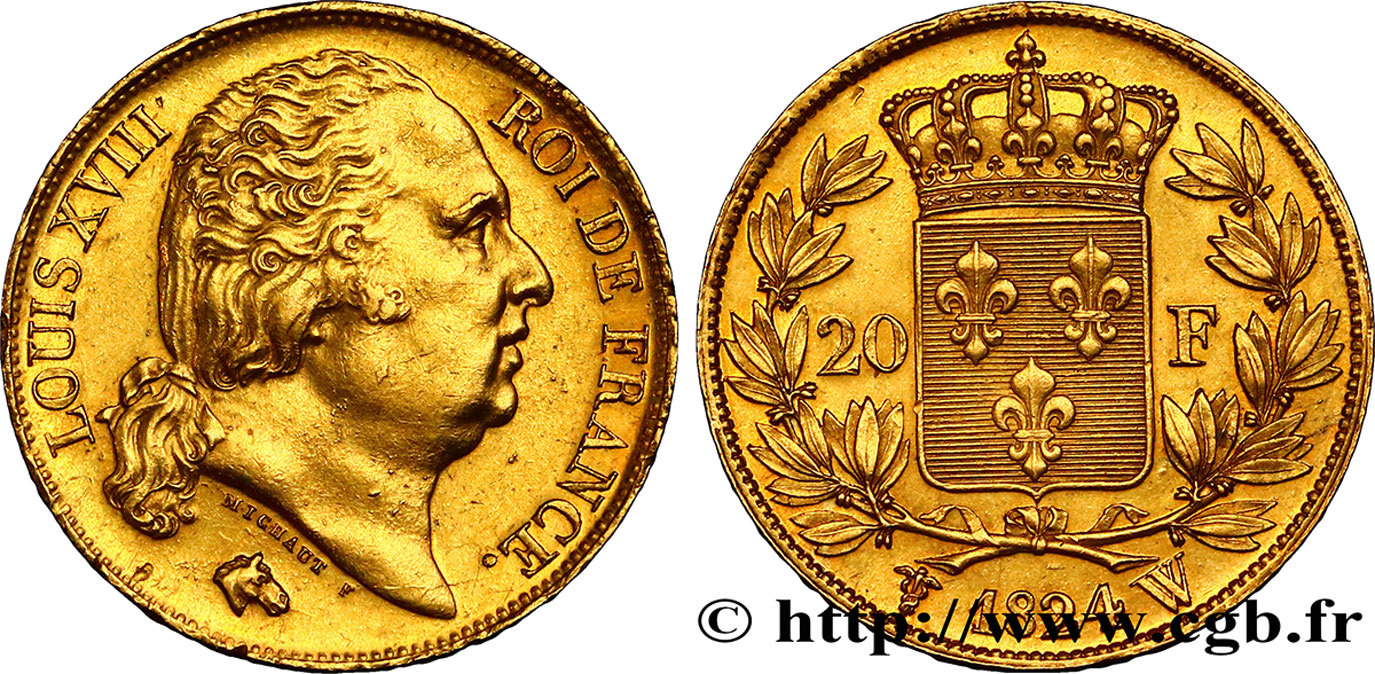 20 francs or Louis XVIII, tête nue 1824 Lille F.519/34 SUP58 