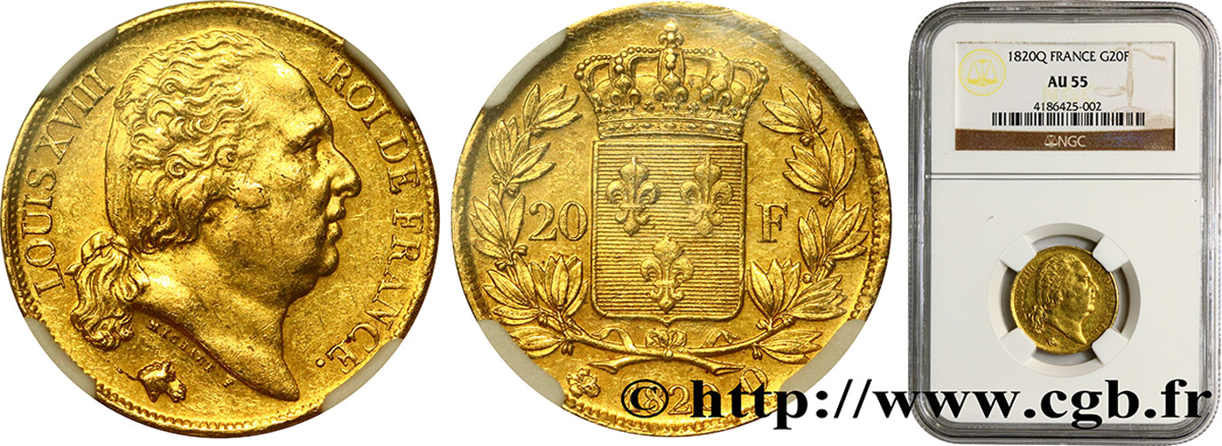 20 francs Louis XVIII, tête nue 1820 Perpignan F.519/21 AU55 NGC