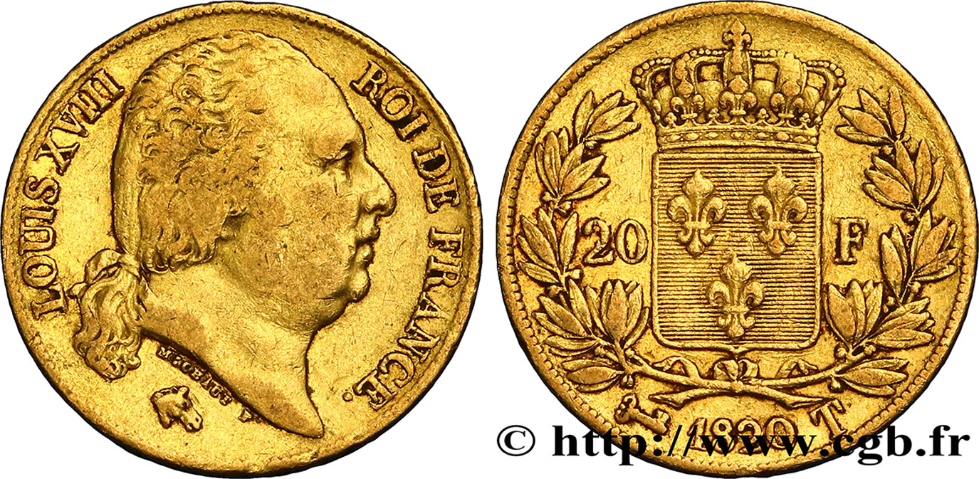 20 francs or Louis XVIII, tête nue 1820 Nantes F.519/22 BC35 