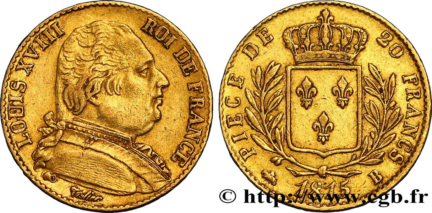 20 francs or Louis XVIII, buste habillé 1815 Rouen F.517/11 SS45 