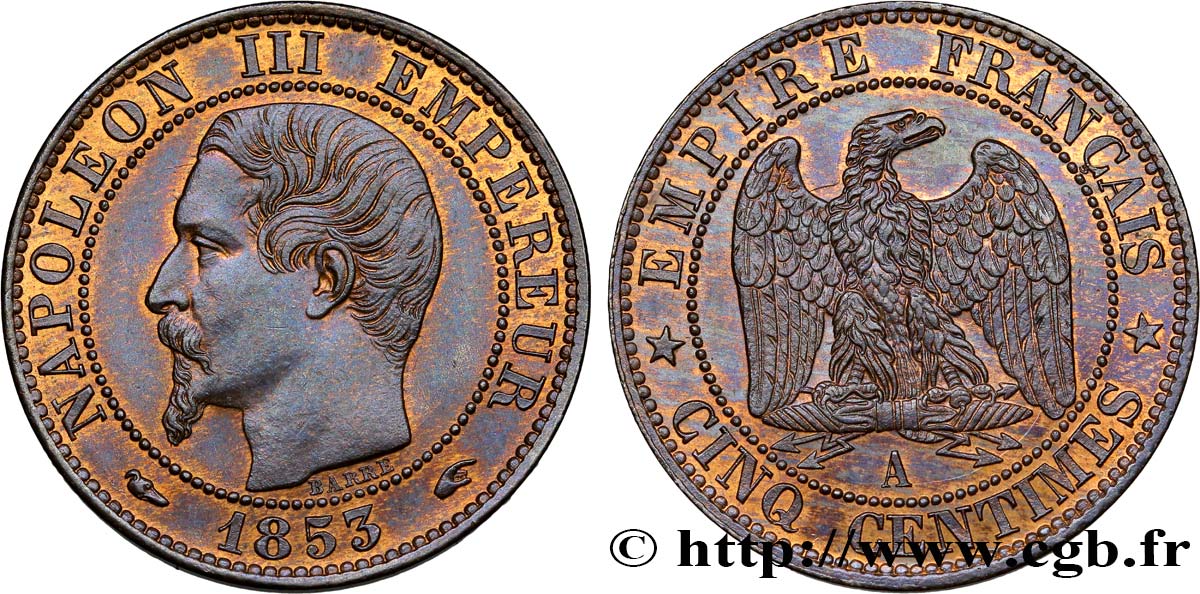 Cinq centimes Napoléon III, tête nue 1853 Paris F.116/1 AU58 