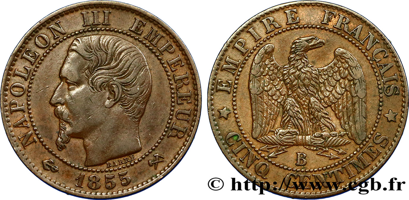 Cinq centimes Napoléon III, tête nue 1855 Rouen F.116/19 XF48 