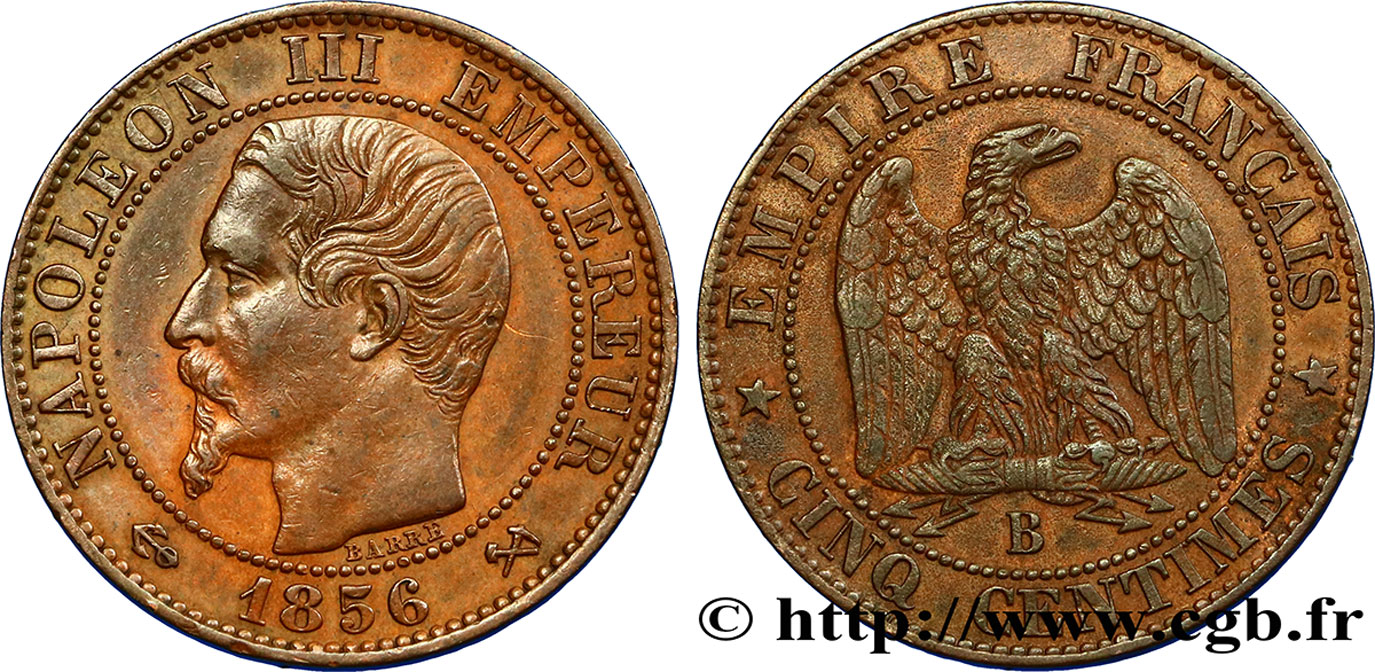 Cinq centimes Napoléon III, tête nue 1856 Rouen F.116/131 XF42 