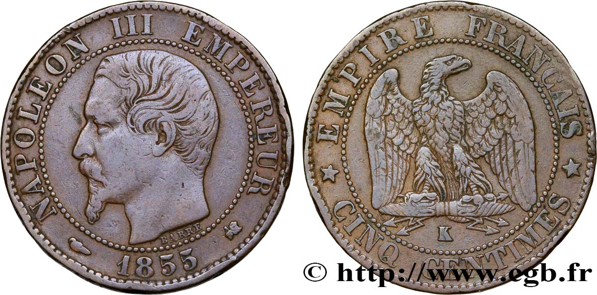 Cinq centimes Napoléon III, tête nue 1855 Bordeaux F.116/24 TB25 