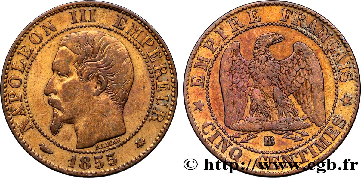Cinq centimes Napoléon III, tête nue 1855 Strasbourg F.116/20 TB30 