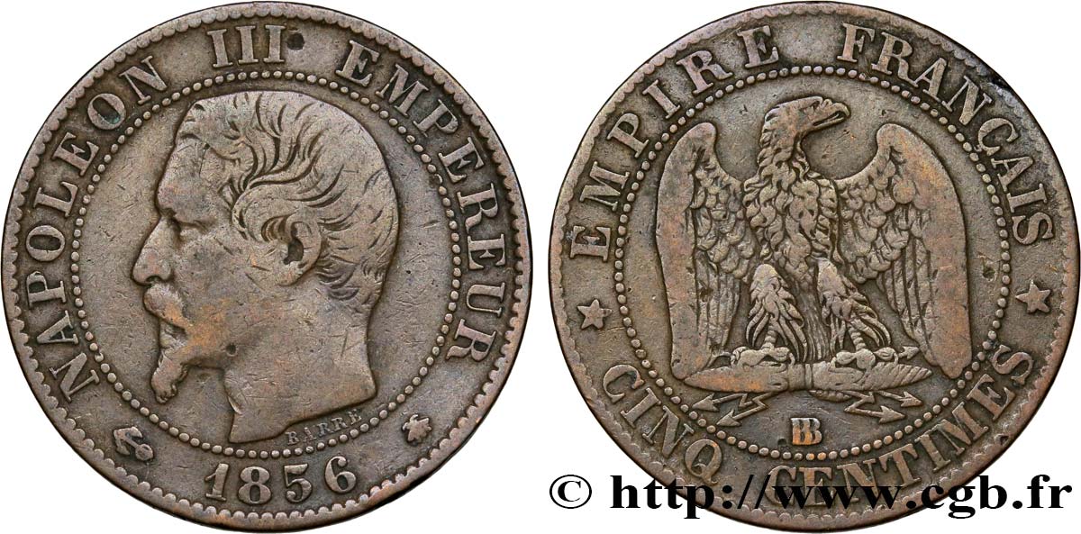 Cinq centimes Napoléon III, tête nue 1856 Strasbourg F.116/32 TB20 