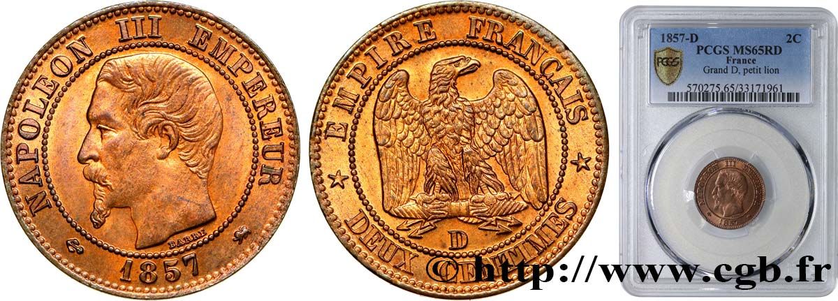 Deux centimes Napoléon III, tête nue, Grand D, Petit Lion 1857 Lyon F.107/47 FDC65 PCGS