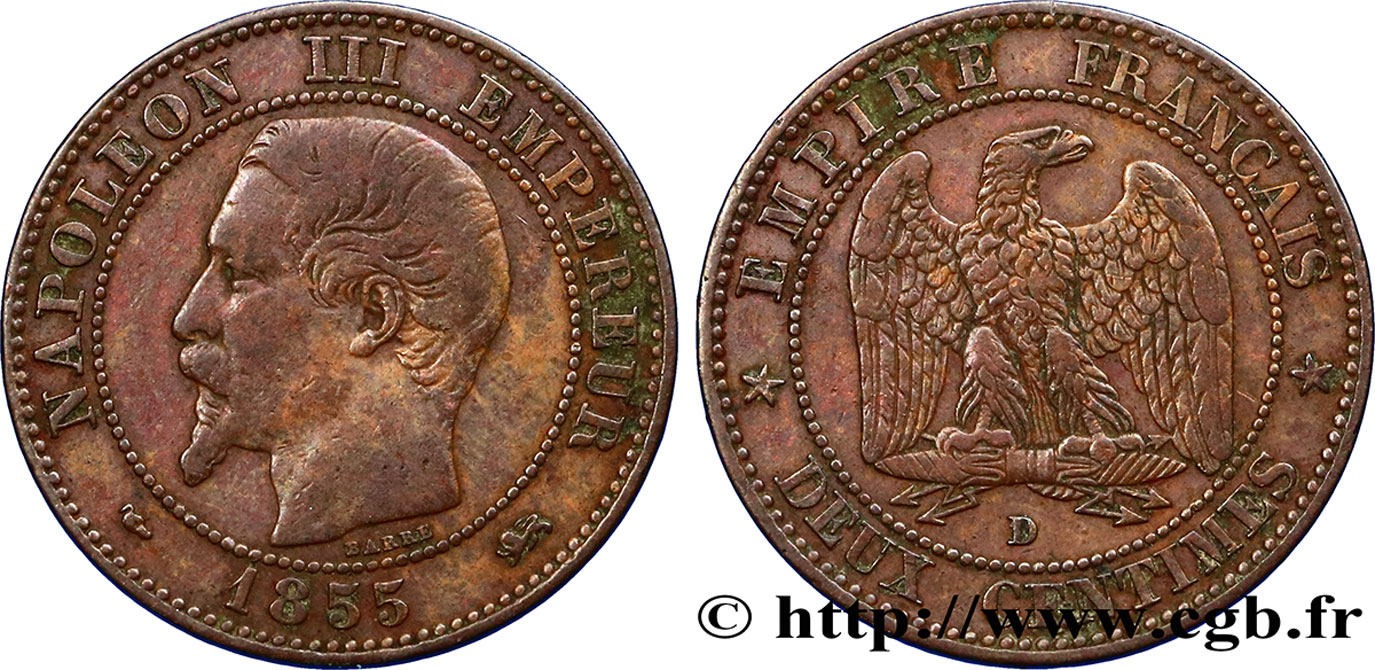 Deux centimes Napoléon III, tête nue, petit D, levrette et grand lion 1855 Lyon F.107/29 BB40 