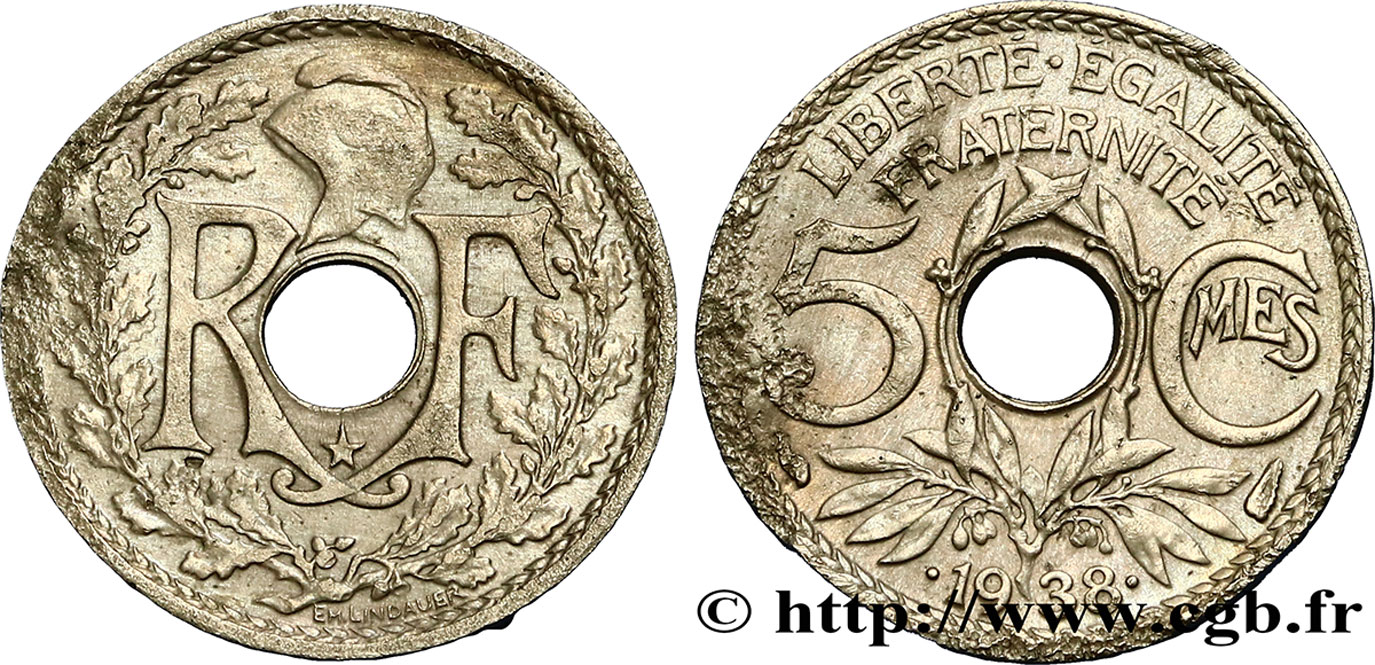 5 centimes Lindauer, maillechort, avec étoile 1938  F.123/1 SS 