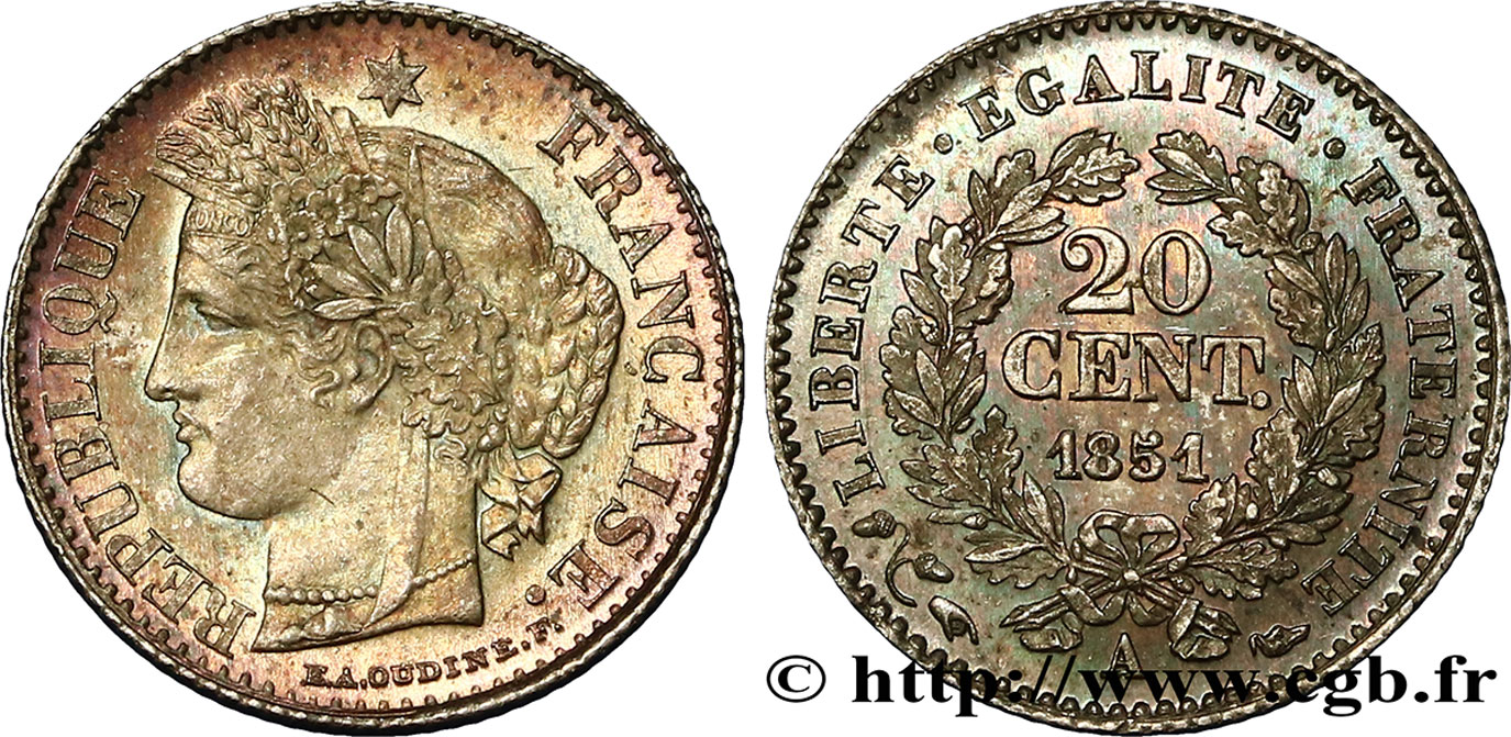 20 centimes Cérès, IIe République 1851 Paris F.146/7 ST65 