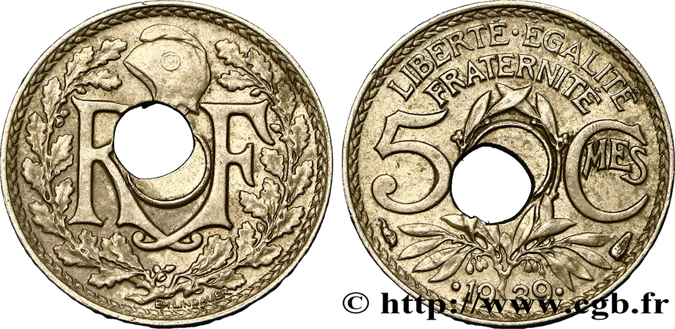 5 centimes Lindauer, maillechort 1939 Paris F.123A/3 var. AU55 
