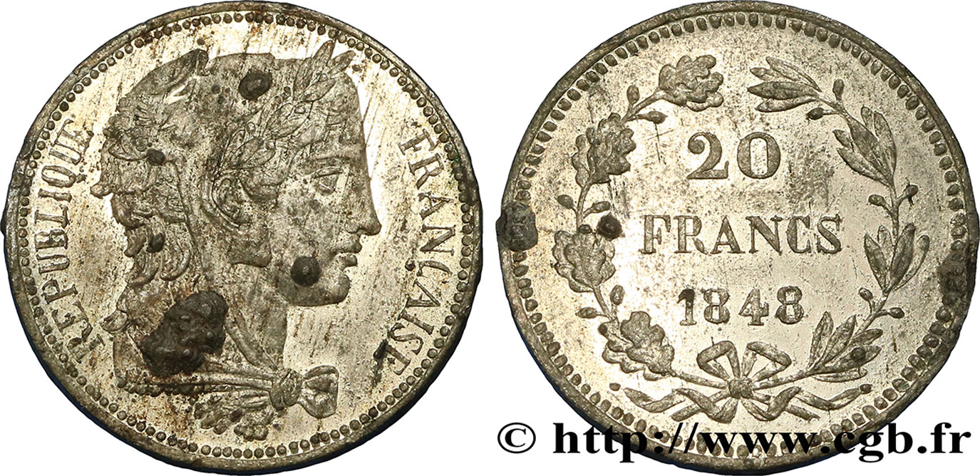 Concours de 20 francs, essai de Gayrard, premier concours 1848 Paris VG.3025 var TTB45 