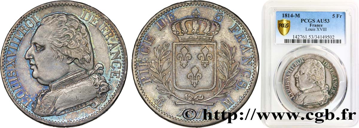 5 francs Louis XVIII, buste habillé 1814 Toulouse F.308/9 SS53 PCGS