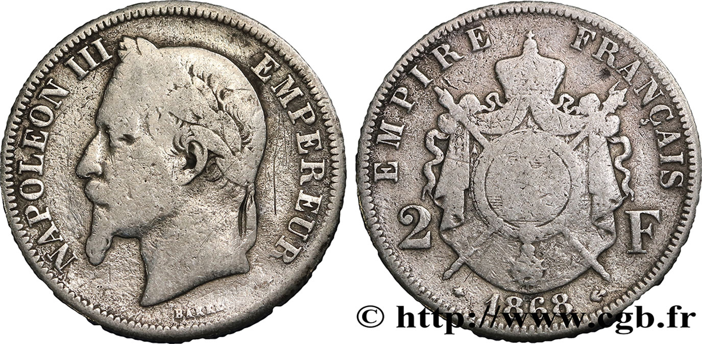 2 francs Napoléon III, tête laurée 1868 Paris F.263/8 VG8 