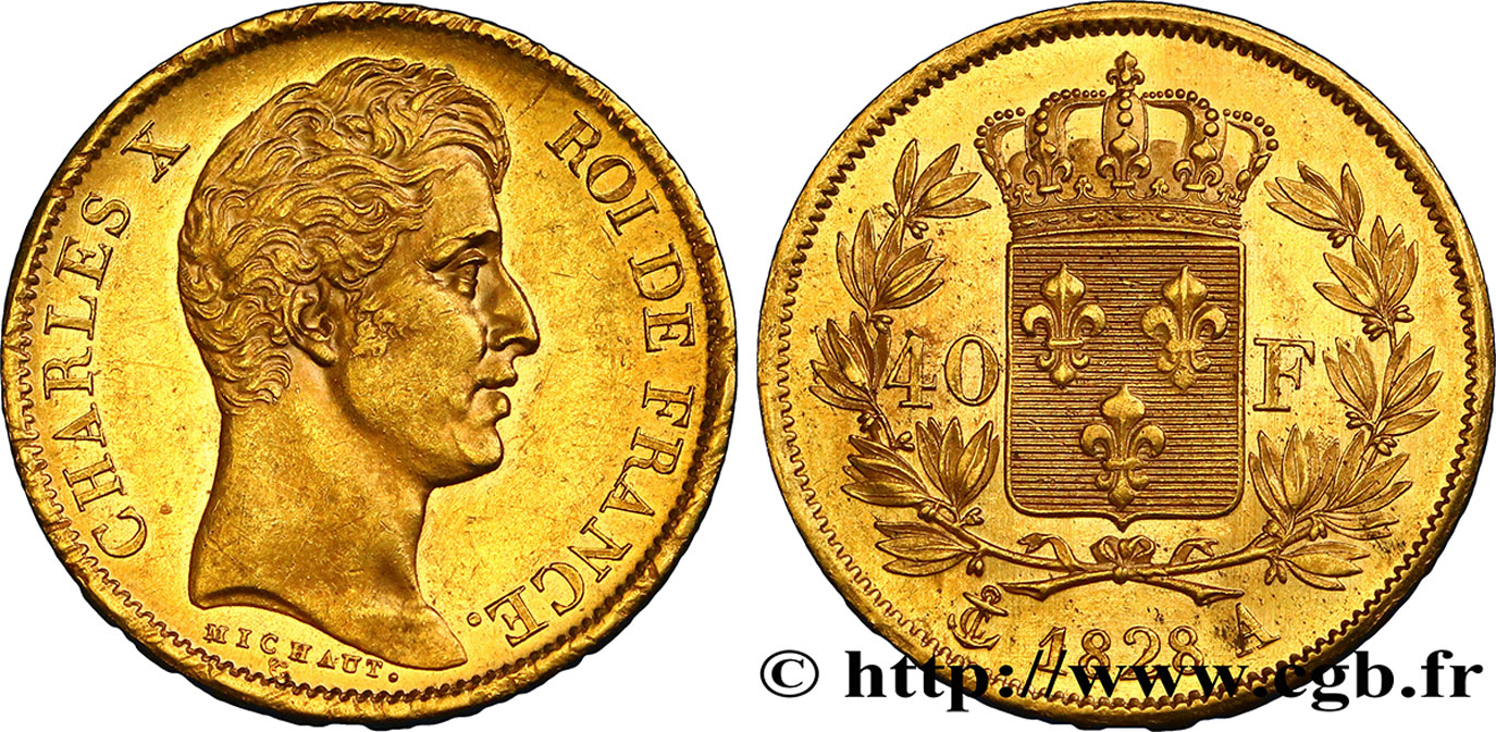 40 francs or Charles X, 2e type, axe à 7h00 1828 Paris F.544/3 SUP55 