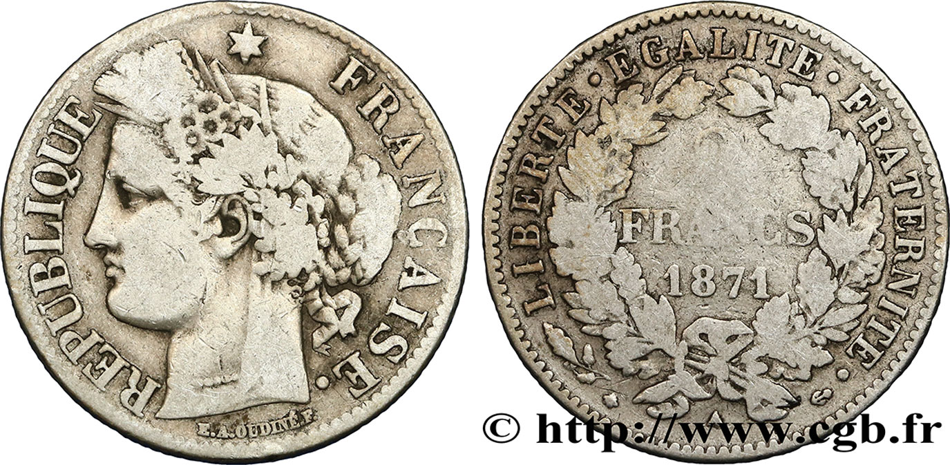 2 francs Cérès, avec légende 1871 Paris F.265/5 TB30 