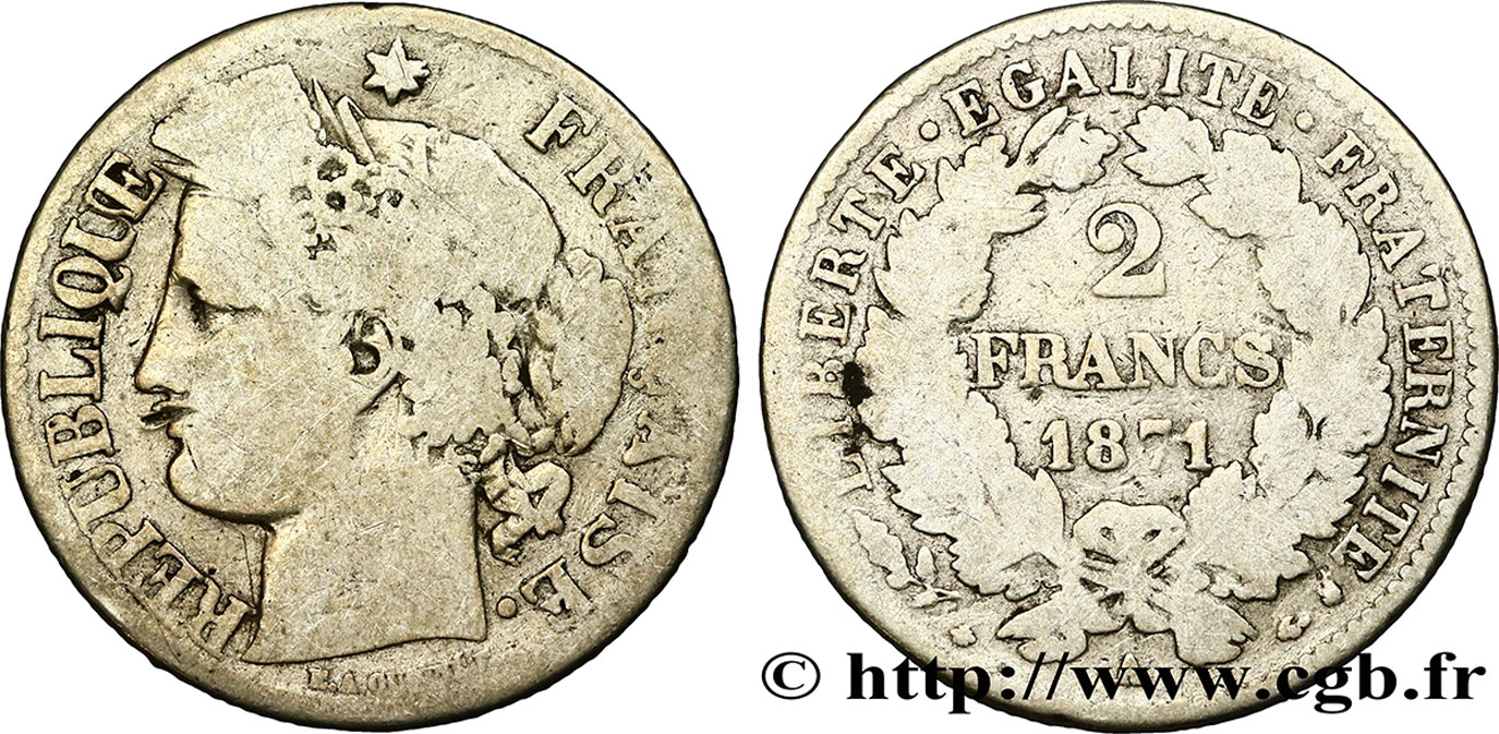 2 francs Cérès, avec légende 1871 Paris F.265/4 MB 
