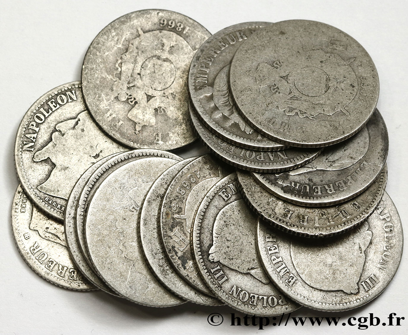 Lot de 15 pièces de 1 franc Napoléon III, tête laurée n.d. Paris F.215/- AB3 