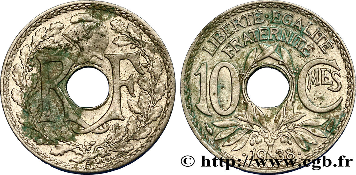 10 centimes Lindauer, maillechort, frappe médaille 1938  F.139/2 var. BB 