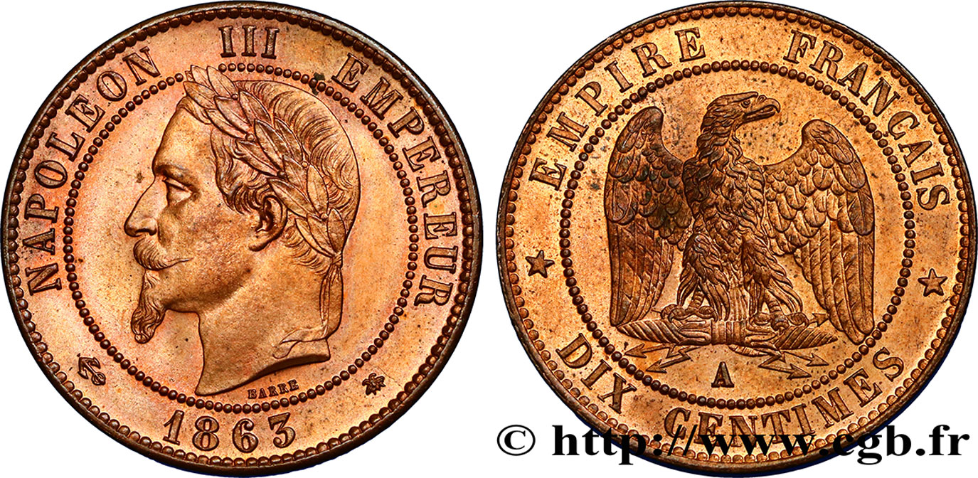 Dix centimes Napoléon III, tête laurée 1863 Paris F.134/10 SUP62 