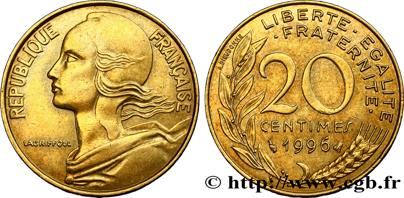 20 centimes Marianne, frappe médaille 1996 Pessac F.156/40 var. AU50 